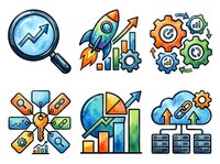 Magnifying glass with growth arrow, rocket with rising chart, gears with percentage symbols, connected devices with analytics, pie chart with bar graph, cloud computing with server infrastructure isolated on white background for business presentations and digital design use.