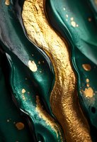Luxurious emerald green and gold abstract waves with metallic texture and liquid effect create dramatic artistic background for luxury design projects.