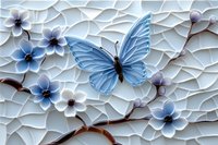 Blue butterfly and delicate flowers on textured white relief background create elegant nature-inspired wall art composition with dimensional depth effect.