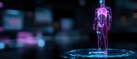 Futuristic holographic male figure glowing in pink and blue neon colors against dark background with bokeh lights, standing on circular digital platform.