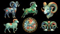 Ornate zodiac Aries ram set in colorful folk art style, isolated on transparent background, ready for stickers, sublimation, t-shirt design, and print on demand use.