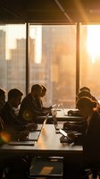 Business professionals working on laptops in a sunlit modern office with golden hour light streaming through floor-to-ceiling windows.
