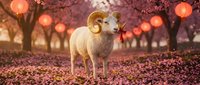 Asian male sheep with curved horns standing in blooming cherry blossom garden with red lanterns, suitable for wildlife, nature, and festive seasonal marketing materials.