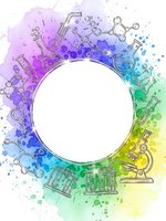 Colorful watercolor science frame with laboratory equipment, test tubes, microscope and molecular structures on white background for educational design.