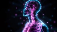 Glowing neon anatomical profile showing skeleton and nervous system in blue and pink colors against dark background with bokeh light effects.