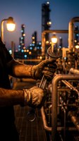 Industrial worker hands operating valve at oil refinery plant during twilight shift with illuminated equipment and pipelines in background.
