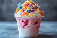 Colorful cereal topped milkshake with whipped cream and rainbow candy pieces in white cup on dark surface for dessert menu and sweet treat advertising.