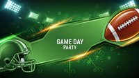 American football game day party banner with helmet and ball on green field under stadium lights for sports event promotion.