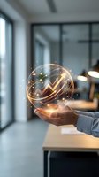 Businessman holding glowing sphere with upward arrow charts showing growth and success in modern office environment for business presentations.