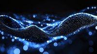 Glowing blue particle wave with bokeh effect on dark background creates dynamic motion and energy flow visualization for technology concepts.