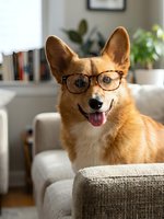 Smart corgi dog wearing glasses sitting on sofa in modern living room with tongue out looking happy and intelligent for pet care concepts.