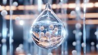 Glass water drop with blurred bokeh lights reflecting through transparent surface creates dreamy atmospheric effect in blue tones.