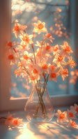 Delicate coral daffodils in glass vase by window, bathed in soft sunset light creating dreamy atmosphere with gentle shadows and reflections on windowsill.