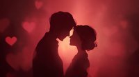 Romantic couple silhouettes touching foreheads with floating hearts on red gradient background for Valentine's Day greeting cards and love designs.