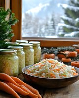 Fresh shredded cabbage and carrots in wooden bowl with canning jars of sauerkraut, winter scene through window, homemade fermented vegetables for preservation.