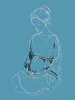 Minimalist line drawing of pregnant woman with hands on belly against teal blue background, conveying maternal tenderness and anticipation.