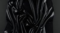 Glossy black liquid metal flowing in dynamic waves with reflective surface creating abstract sculptural forms against dark background for modern design.