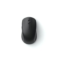 Black wireless computer mouse isolated on white background for office technology and productivity designs.