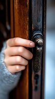 Female hand reaching for ornate vintage door handle on wooden door, creating atmospheric mood with shallow depth of field and warm lighting.