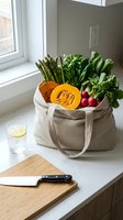 Fresh organic vegetables in reusable canvas tote bag on kitchen counter with natural window light for sustainable grocery shopping and healthy cooking.