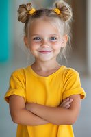 Young girl with bright blue eyes wearing yellow t-shirt and hair buns smiles confidently with arms crossed, expressing joy and positive attitude. Perfect for childhood education.