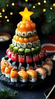 Festive sushi rolls arranged in Christmas tree shape with golden star topper, featuring salmon, tuna, and avocado layers on dark slate. Creative holiday party food display.