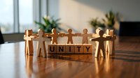 Wooden figures holding hands in a circle around unity blocks on a table, symbolizing teamwork, community support, and collective strength for corporate training and organizational development.