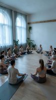 Group meditation class in bright modern studio with diverse people sitting in circle on yoga mats practicing mindfulness and wellness together.