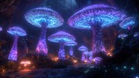 Magical glowing mushrooms in enchanted night forest with bioluminescent fungi and mystical purple-blue light creating surreal fantasy woodland scene.
