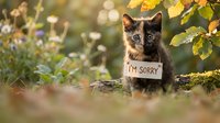 Adorable tabby kitten sitting outdoors with I'm sorry sign around neck among autumn leaves and wildflowers in natural garden setting for apology concepts.