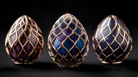 Luxurious decorative eggs with metallic rose gold lattice pattern on purple and blue gradient background. Elegant Easter ornaments arranged in composition.
