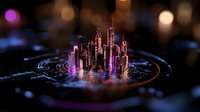Futuristic glowing cityscape with neon purple and pink illuminated skyscrapers emerging from digital circuit patterns against dark background with bokeh lights.
