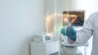 Doctor in white coat and blue gloves touching glowing virtual liver hologram in modern clinic, advancing hepatology and medical technology.