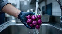 Person wearing blue gloves washing fresh red onions under running water in kitchen sink for cooking preparation and food hygiene.
