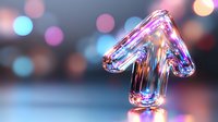 Glowing crystal arrow pointing upward with colorful bokeh lights in background, reflecting pink and blue neon illumination. Modern business growth concept.