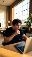 Young man with dark curly hair and olive complexion, wearing black t-shirt, sitting at wooden desk with laptop in modern loft office. Thoughtful expression, hand near chin, contemplating work or problem-solving in bright natural light.