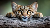 Curious wild cat peeking over tree log with intense amber eyes and striped markings, showing hunting behavior against blurred natural background.