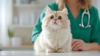 Persian cat at veterinary examination with female doctor in green scrubs and stethoscope in modern clinic, focus on fluffy cream-colored feline patient.