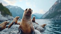 Sea lions basking on rocky shore against backdrop of snow-capped mountains and pristine lake waters, curious animal looking directly at camera in natural habitat.