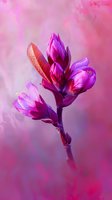 Vibrant magenta magnolia buds opening on branch against soft pink bokeh background, showcasing delicate spring florals in dreamy artistic style.