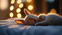 White kitten sleeping peacefully on bed with golden bokeh lights in background creating cozy atmosphere during sunset golden hour.