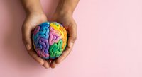 Hands holding colorful brain model representing mental health awareness, psychology education, and cognitive wellness on pink background.