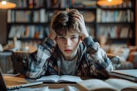 Frustrated young Caucasian male student studying in library with hands in hair showing stress and anxiety during exam preparation. Perfect for education and mental health topics.