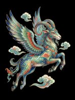 Ornate mythical winged goat with decorative horns and clouds, isolated on transparent background. Ready for t-shirts, stickers, clipart, sublimation and print-on-demand designs.