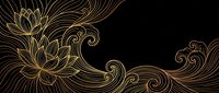 Elegant golden lotus flower with ornate swirls on black background for luxury design projects, wedding invitations, and decorative artwork applications.