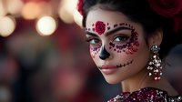 Young woman with sugar skull makeup in red and black, wearing traditional Dia de los Muertos face paint with roses and crystal details, elegant earrings against blurred lights.