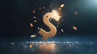 Golden dollar symbol with glowing particles and sparks floating in dark space against blurred background, dramatic lighting effect creates financial concept.