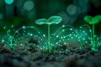 Young seedling sprouting from soil with glowing energy connections, symbolizing growth, sustainability, and digital agriculture innovation.