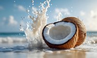 Fresh coconut half with splashing milk on beach background, dynamic food photography with water drops and ocean horizon in soft light.