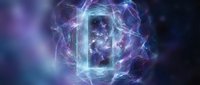 Glowing neon rectangle frame surrounded by swirling purple and blue energy waves, representing technology, innovation, and digital transformation for futuristic design projects.